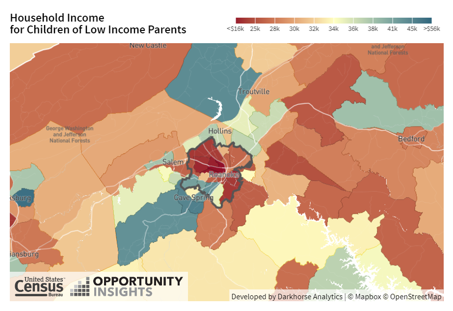 census map of household income for children of low income parents in Roanoke area