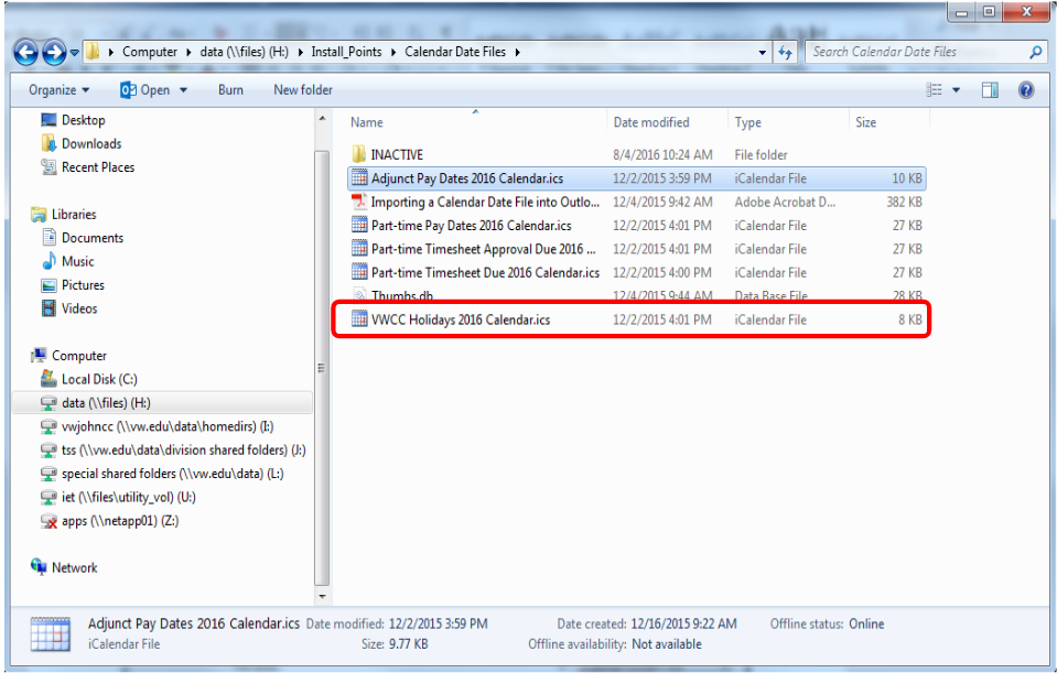 Calendar Date Files folder