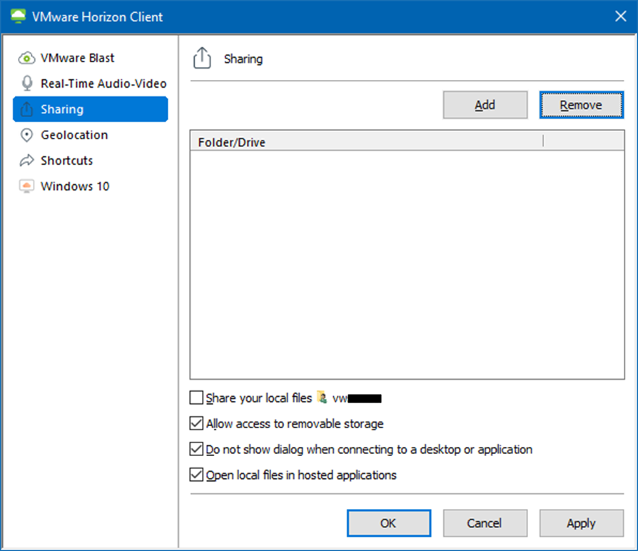 VMware Sharing Settings