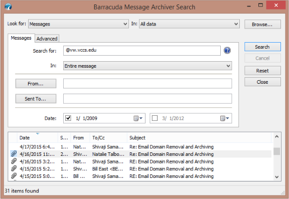barracuda message archiver search