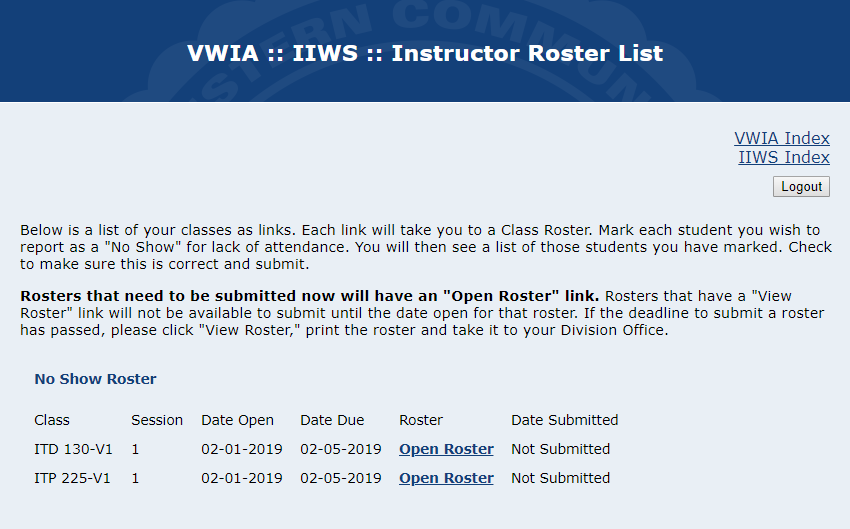 IIWS instructor roster list