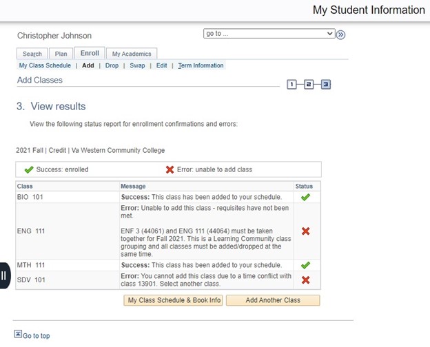 SIS - Add Classes - Enrollment Results