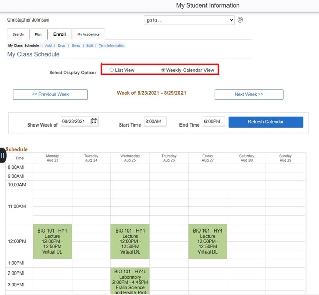 SIS - Add Classes - Class Schedule