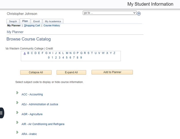 Planner course browse