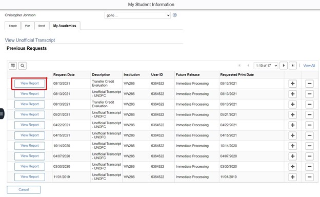 Unofficial transcript list