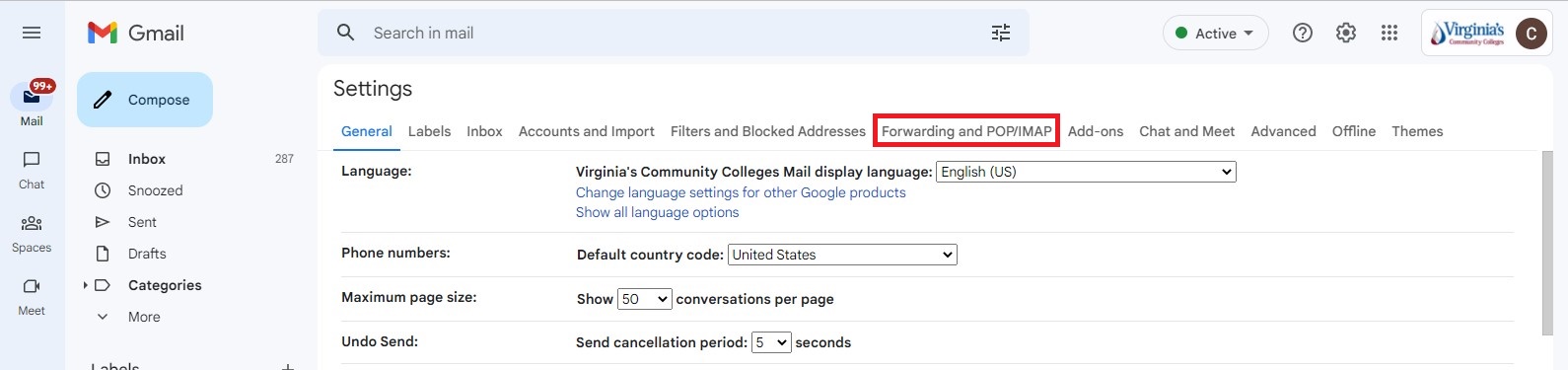 Gmail Forwarding tab
