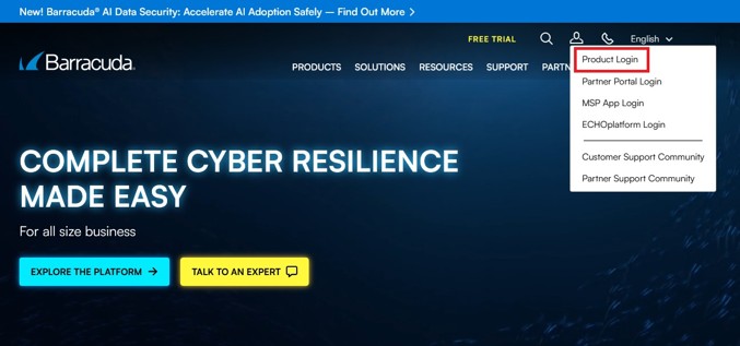 Screenshot of the Barracuda website with the Product Login highlighted.
