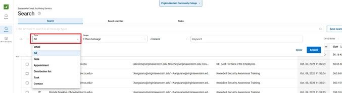 Screenshot of the Barracuda search highlighting the Type options