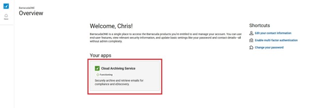 The BarracudaOne Overview page with the Cloud Archiving Service box highlighted