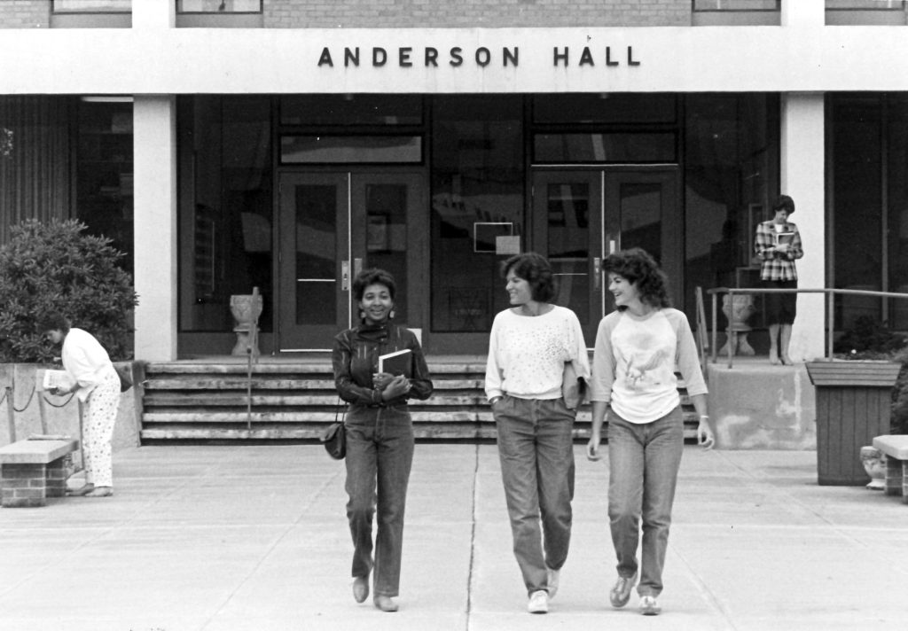 Students leaving Anderson Hall in the past