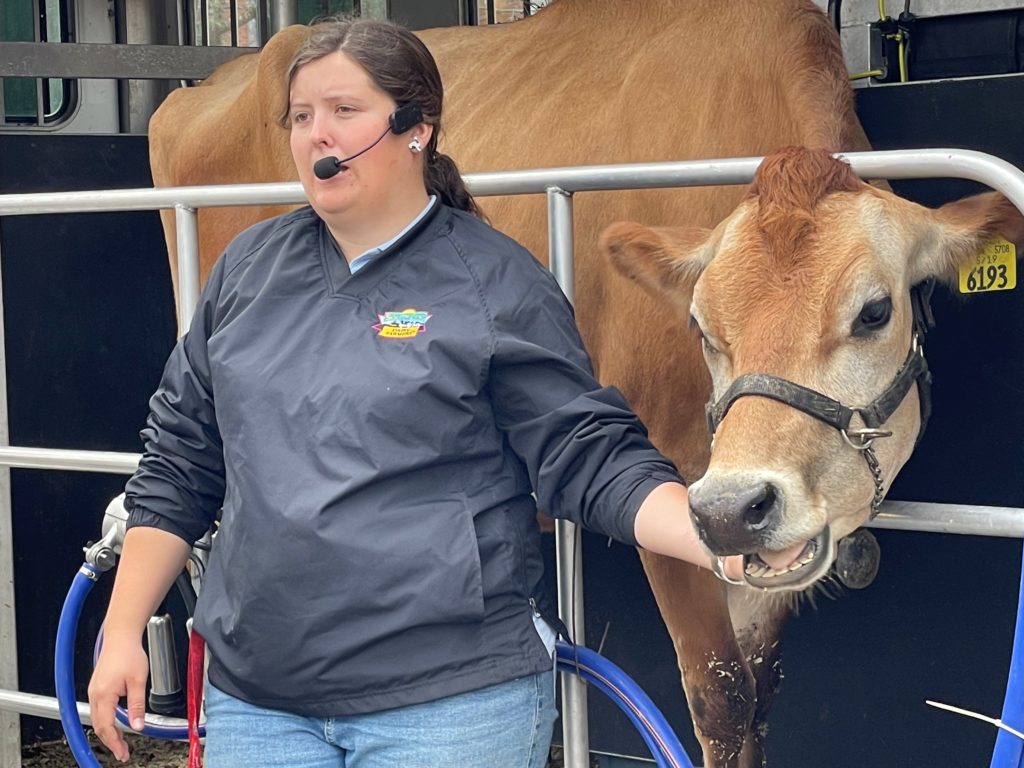 Close-up of Mobile Dairy Classroom Instructor Morgan Cole and Honey