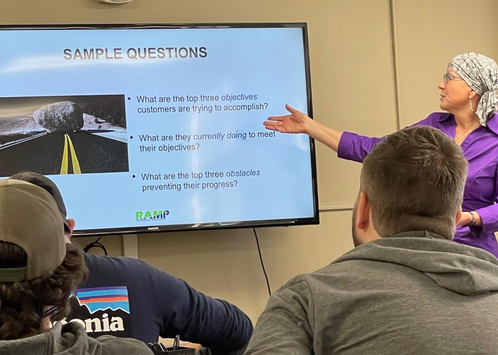 Lisa Garcia, vice president of entrepreneurial development and director of RAMP, leads an entrepreneurship class for Virginia Western students.