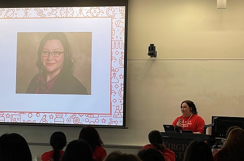Kari Stanley, a Ph.D. candidate at Fralin Biomedical Research Institute at VTC, gives the keynote speech for STEM Goes Red.