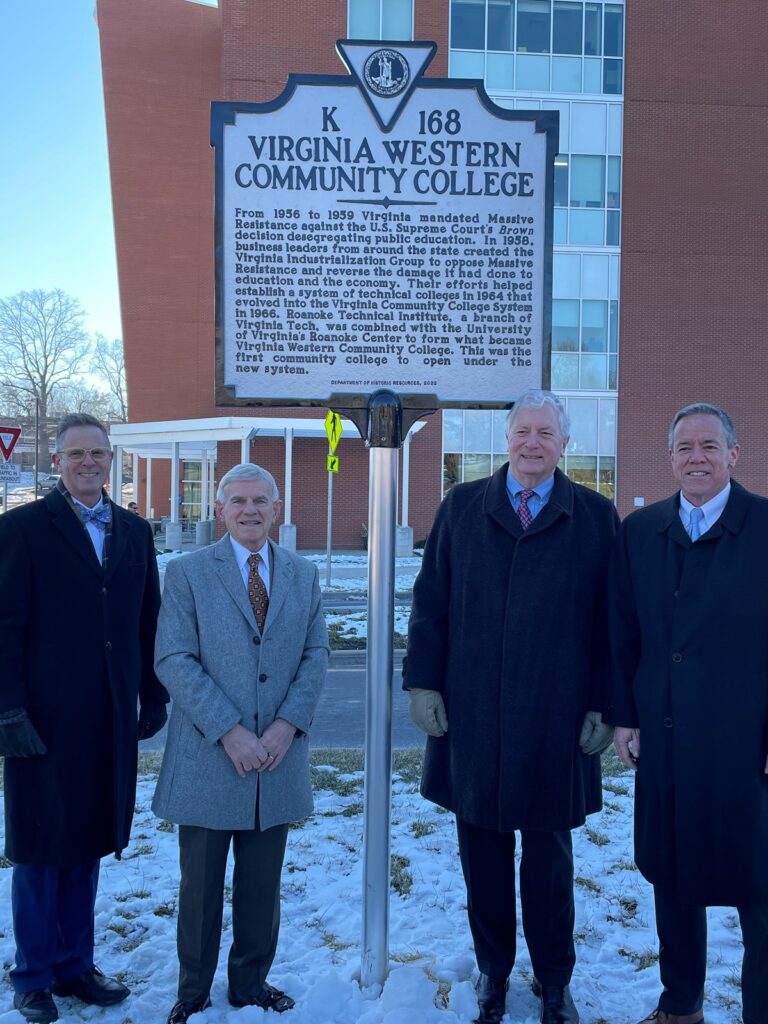 The new historical marker after its unveiling. Those making remarks at the ceremony Monday, Jan. 22, were (from left): Roanoke Vice Mayor Joe Cobb; Dr. Robert Sandel, president of Virginia Western Community College; Tucker Lemon, vice chair, Virginia Board of Historic Resources; ; and Dr, Nelson Harris, former Roanoke mayor and Virginia Western faculty member who spearheaded the marker effort.
