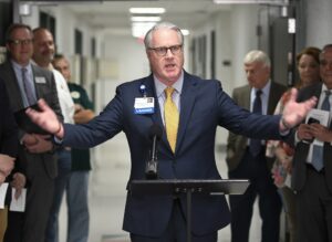 Lee Higginbotham, CEO of LewisGale Hospital Alleghany, speaks at the ribbon-cutting ceremony for the new Medical Laboratory Technology Program, offered in partnership with Virginia Western Community College and LewisGale Hospital Alleghany.