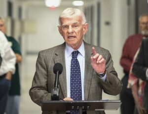 VWCC President Dr. Robert Sandel addresses the audience at the ribbon-cutting ceremony for the new Medical Laboratory Technology Program, offered in partnership with Mountain Gateway Community College and LewisGale Hospital Alleghany.