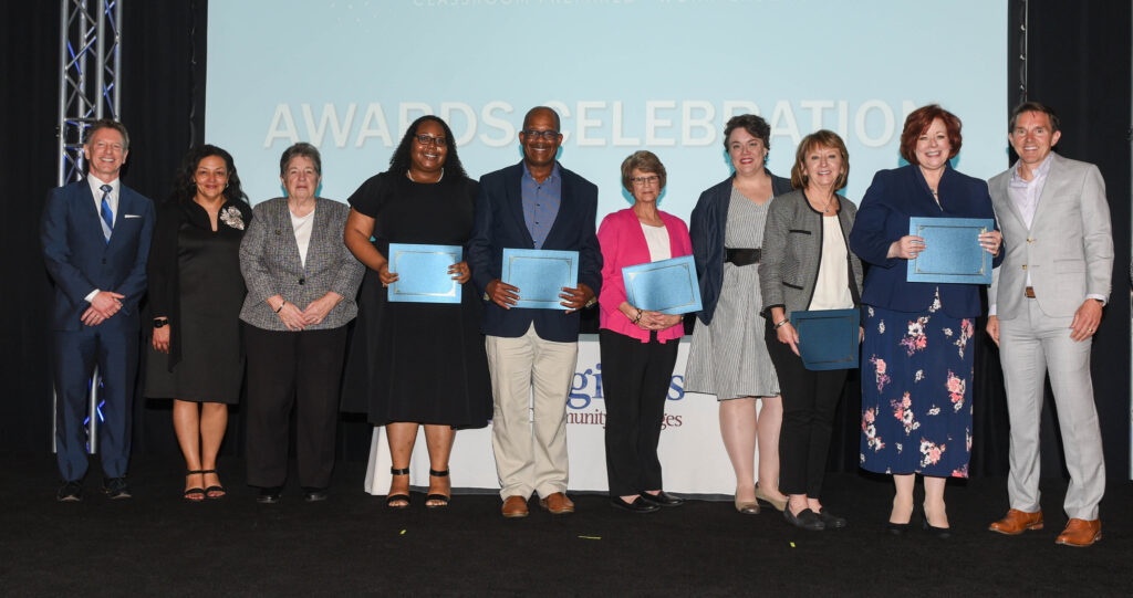 Dr. David Doré (from left), chancellor of the Virginia Community College System; Allison Dooley; Carolyn Payne; Sharnice Mayo; Frank Tyree; Wanda DiMarco; Anna Goltz; Carole Tarrant; Amanda Mansfield; and Craig Herndon, senior vice chancellor for administration, finance and technology.