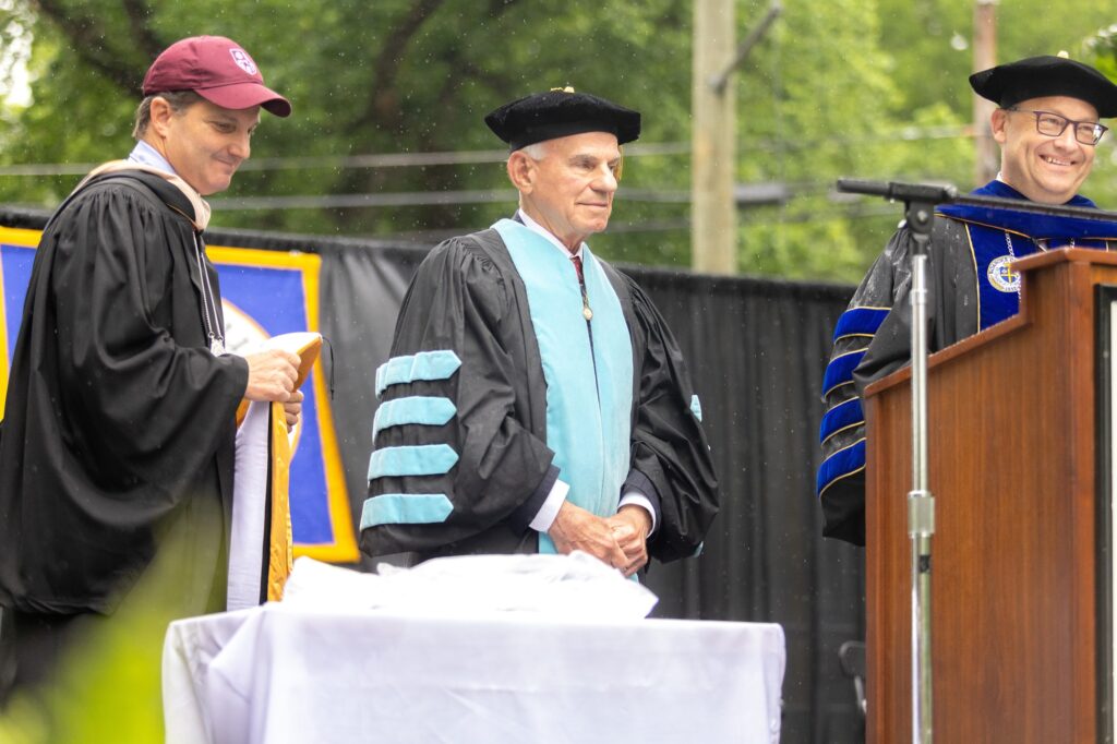 Malon Courts (from left), chair of Roanoke College Board of Trustees; Dr. Robert Sandel, president of Virginia Western; and Dr. Frank Shushok, president of Roanoke College, take part in the honorary degree presentation at Roanoke College's Commencement ceremony on Saturday, May 4. Courtesy of Roanoke College.