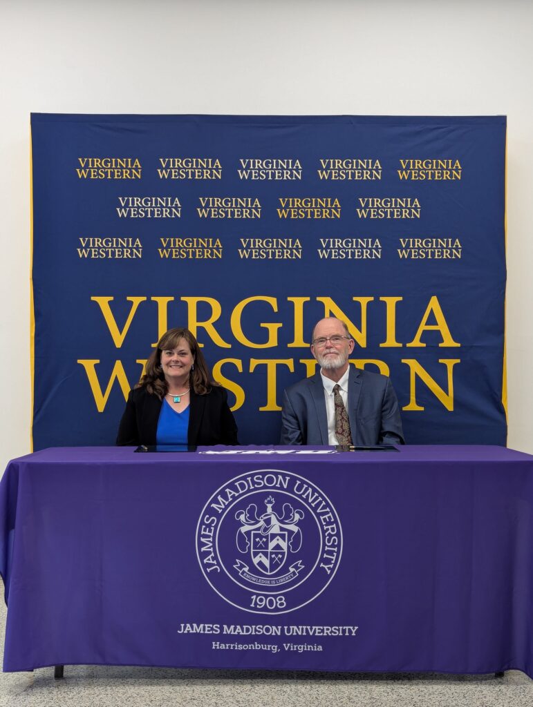 Dr. Elizabeth Wilmer of Virginia Western and Dr. Bob Kolvoord of James Madison University signed the agreement on Monday, May 19.
