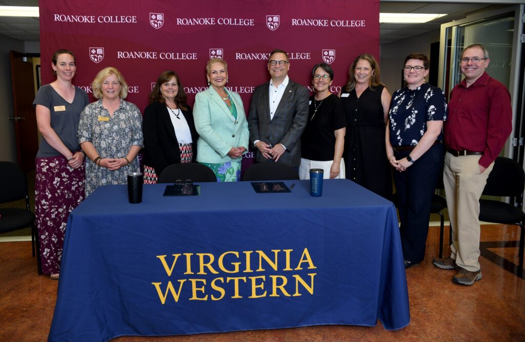 Virginia Western Community College and Roanoke College celebrated a new partnership in Biotechnology on Monday, July 28. Pictured are (from left): Heather Lindberg, Virginia Western Biotechnology Program Head; Amy White, Virginia Western Dean of STEM and Workforce Solutions; Elizabeth Wilmer, Virginia Western Vice President of Academic and Workforce Solutions; Virginia Western President Laura Treanor; Roanoke College President Frank Shushok Jr.; Kathy Wolfe, Roanoke College Vice President of Academic Affairs and Dean of the College; Shannon Anderson, Roanoke College Senior Director, Strategic Health Initiatives and Professor of Sociology; Karin Saoub, Roanoke College Dean of the School of Health, Science & Sustainability; Chris Lassiter, Roanoke College Professor of Biology. Photos courtesy of Roanoke College.