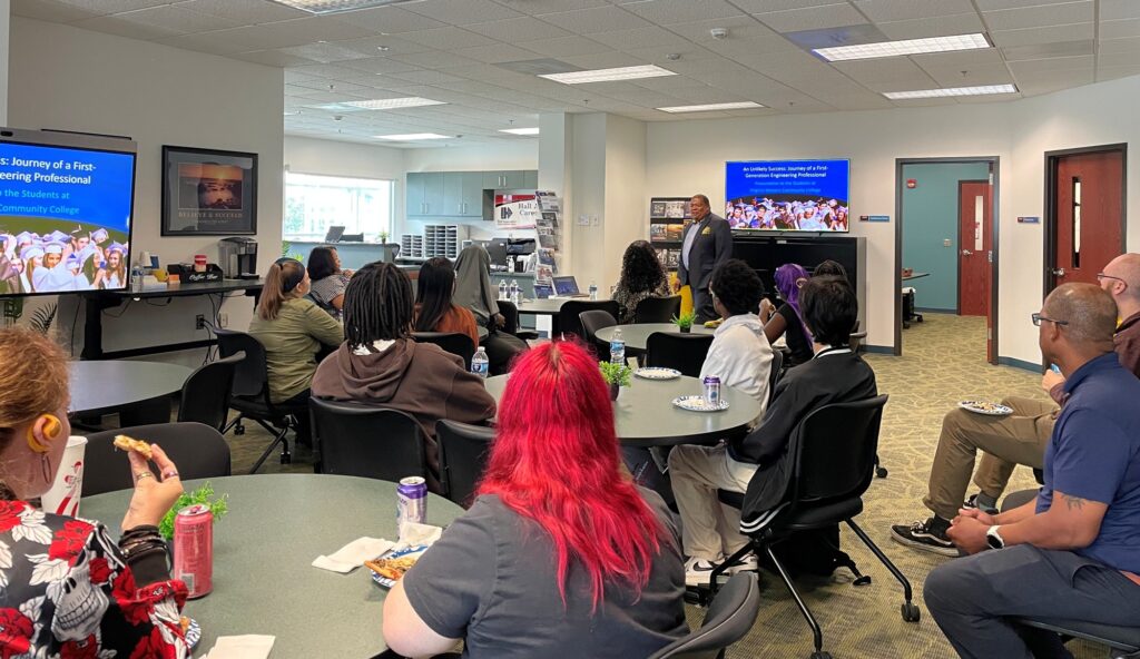 Esteemed engineering alumnus Samuel Hayes III ('83) speaks about the importance of networking to a group of Virginia Western students.