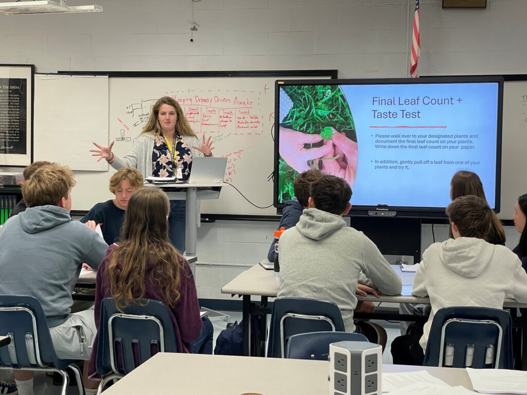 Virginia Western Ag-Tech Program Assistant Cynthia Fairbanks leads the Burton engineering students in the project's final activities.