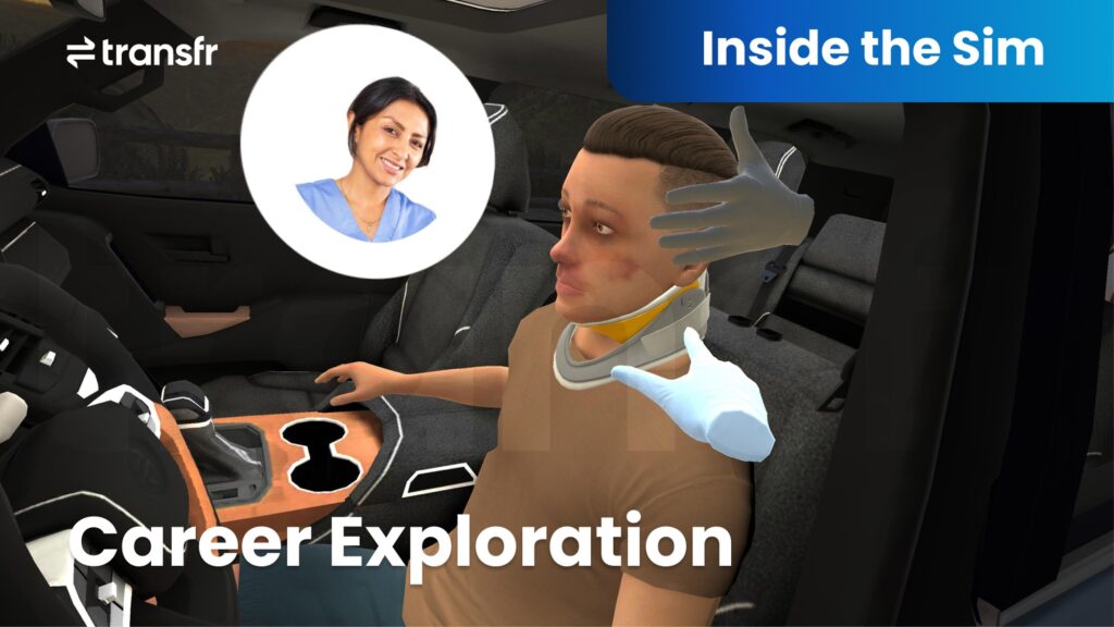 The VR headsets use modules from Transfr Trek, a program designed for immersive career exploration and training. The module for paramedics is at the scene of a simulated motor vehicle accident. Image courtesy of Transfr.