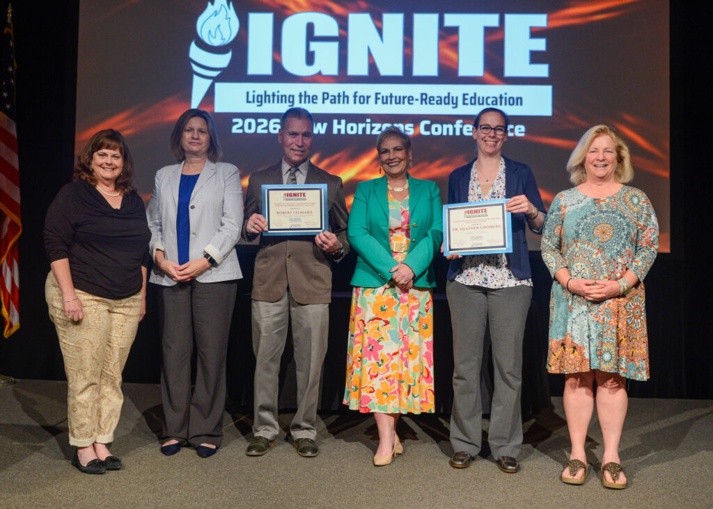 Two Virginia Western faculty members received awards at the New Horizons Conference. Pictured are (from left): Dr. Elizabeth Wilmer, Vice President of Academic Affairs and Workforce Solutions; Yvonne Campbell, Dean, School of Business, Technology and Trades; Robert Leonard, Adjunct Faculty in Business, Technology and Trades; Dr. Laura Treanor, President; Dr. Heather Lindberg, Biotechnology Program Head; and Amy White, Dean of STEM and Workforce Solutions. Photo by Clem Britt, Virginia Community College System.