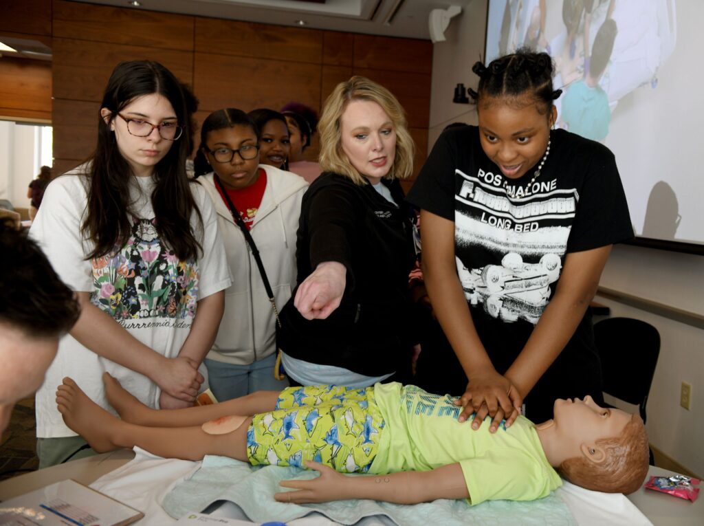 The Carilion Clinic Center for Simulation, Research and Patient Safety exhibit teaches adolescents the importance of CPR and other patient care methods.
