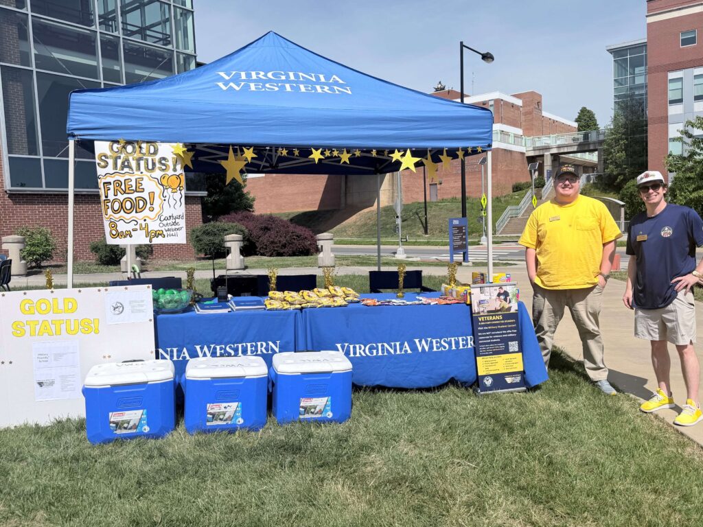 Virginia Western Community College has received the Military Friendly Survey's Gold Status for 2026-27. Virginia Western's Military Student Center hosted a celebration on Tuesday, May 5. Pictured are (left) Brandon Snead, VERITAS Veteran Liaison, and Tyler Nance, Armed Forces Student Association club president.