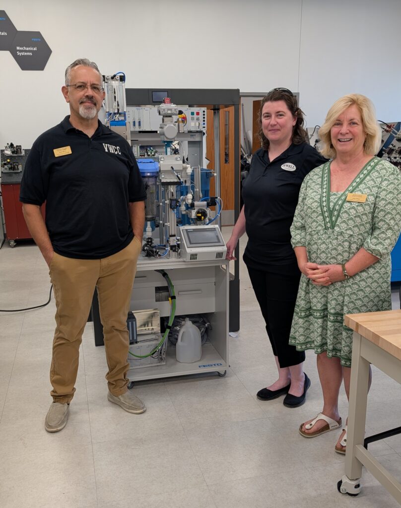 Dr. David Berry (from left), Mechatronics professor and program head at Virginia Western; Ginger Hultquist, Business Operations for Jewell Machinery; and Amy White, Dean of STEM and Workforce Solutions at Virginia Western, in the Mechatronics lab.