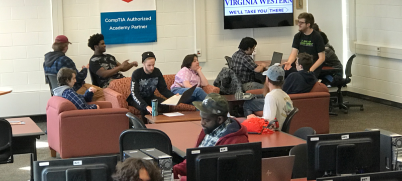 Computer Science and Information Technology students gather to study in the Center for Cybersecurity Education at Virginia Western