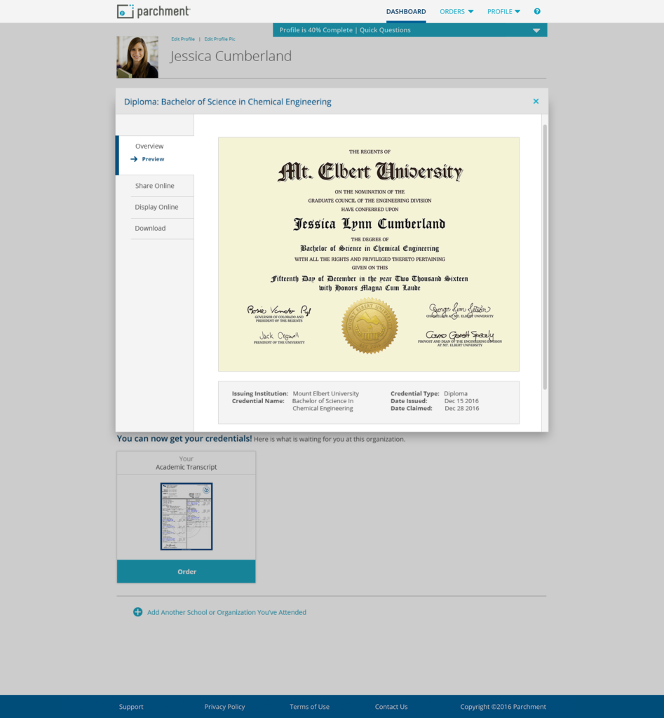 Parchment Digital Diploma Preview