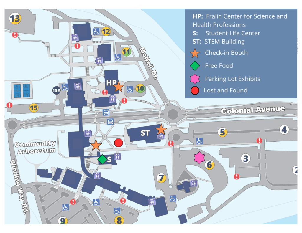 Map of Virginia Western's campus with STEM Day areas marked