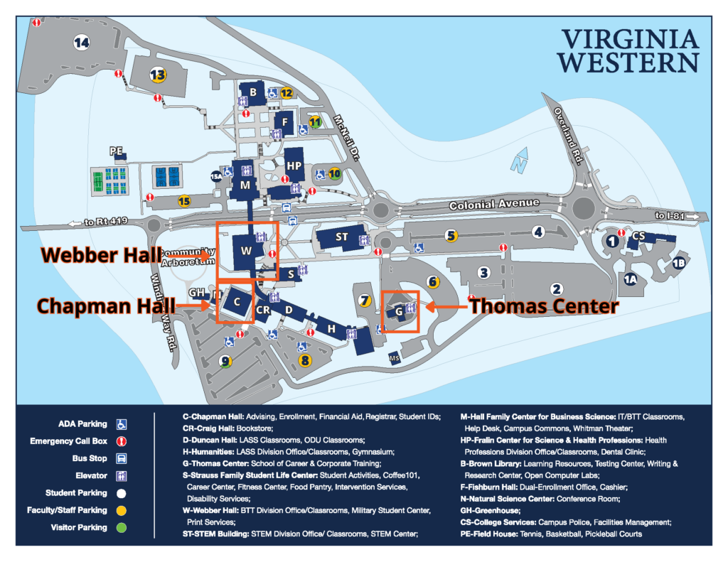 Campus Map with buildings affected by the move marked