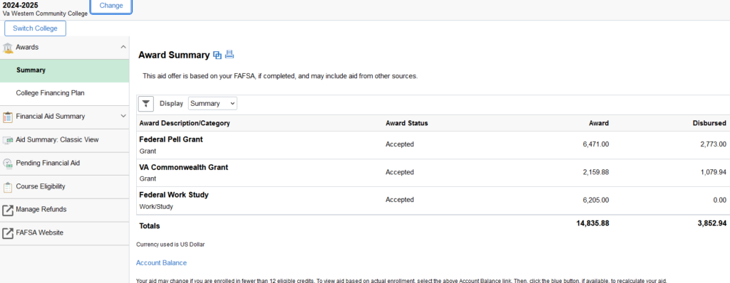Screen shot of a Financial Aid Award Summary