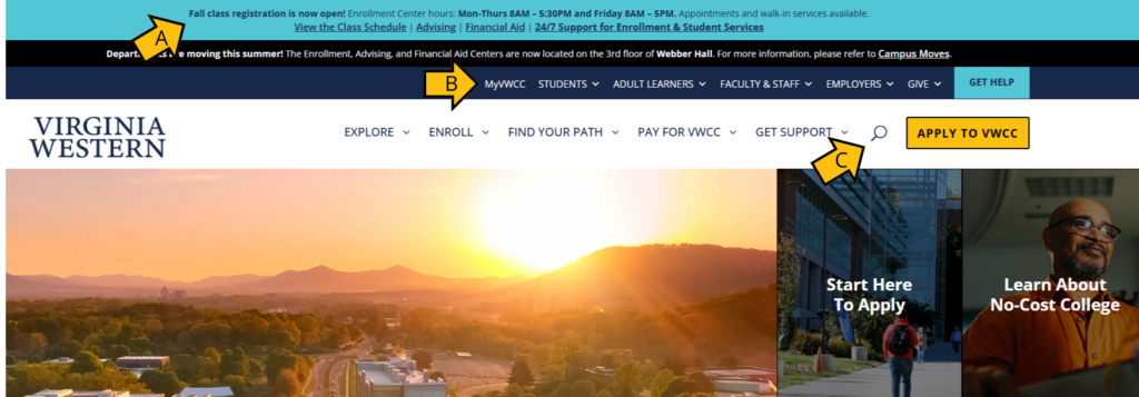 Virginia Western Community College homepage with a sunset over mountains and campus buildings, and sections for applying and learning about no-cost college.