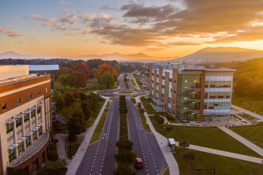 Looking down Colonial Avenue toward Towers Marketplace from above the bridge